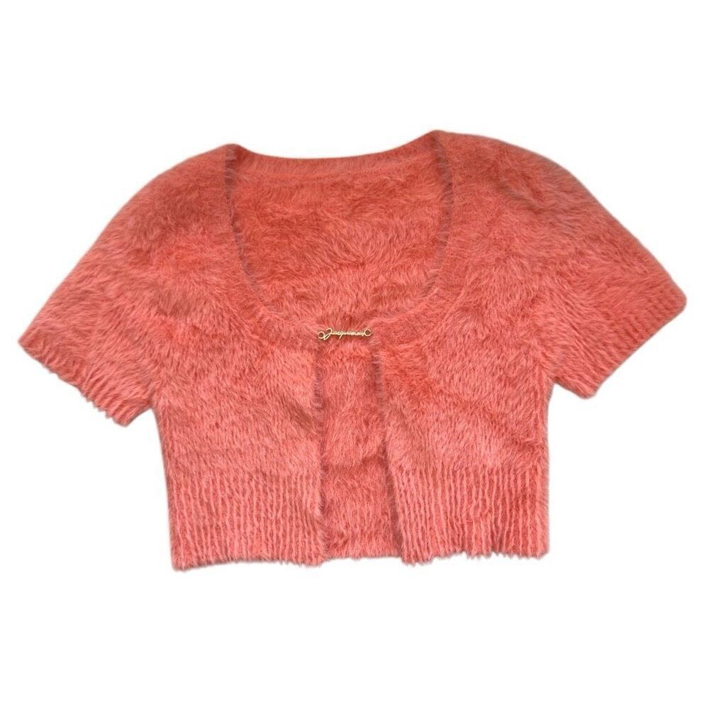 Jacquemus fuzzy plush orange buckle cropped short sleeve cardigan sz 38